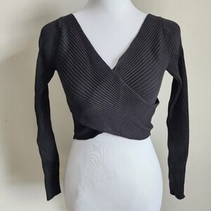 Twik Surplice Ribbed Crop Top Womens Medium Black Long Sleeve Balletcore Stretch